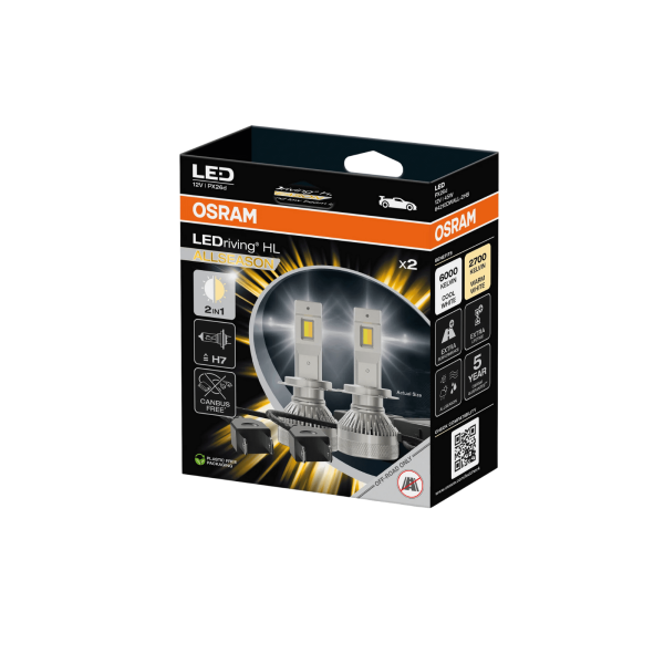 Coppia lampadine LED H7 OSRAM LEDriving ALLSEASON – doppia luce bianca e gialla 3000K/6000K – foto 3