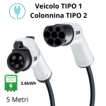 Cavo di Ricarica Auto Elettrica Tipo 1 5 Pin 16A Monofase 3,6 kWh Compatibile con Colonnine wallbox
