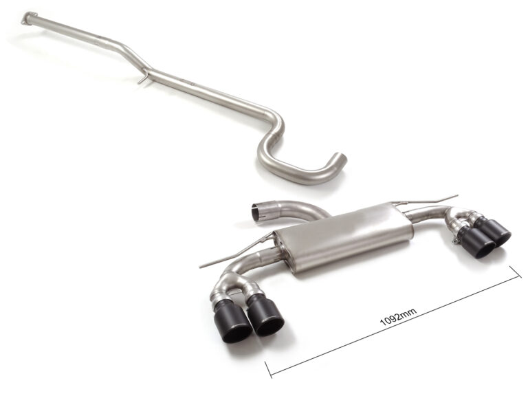 Tubo centrale Gr.N senza silenziatore inox + Posteriore inox sdoppiato con terminali rotondi 2 / 2x90 mm Sport Line Black sfalsati Omologazione valida solo per il silenziatore posteriore per Audi A3 (typ 8Y - Ragazzon 50.1267.58B