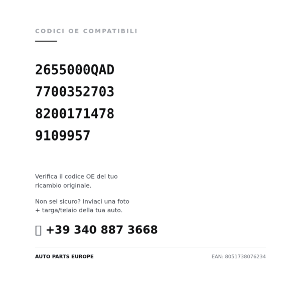 Kompatible OE-Nummern Rückleuchten Rechts Renault Master 2004 (2655000QAD, 7700352703, 8200171478, 9109957). Kundenservice WhatsApp +39 340 887 3668