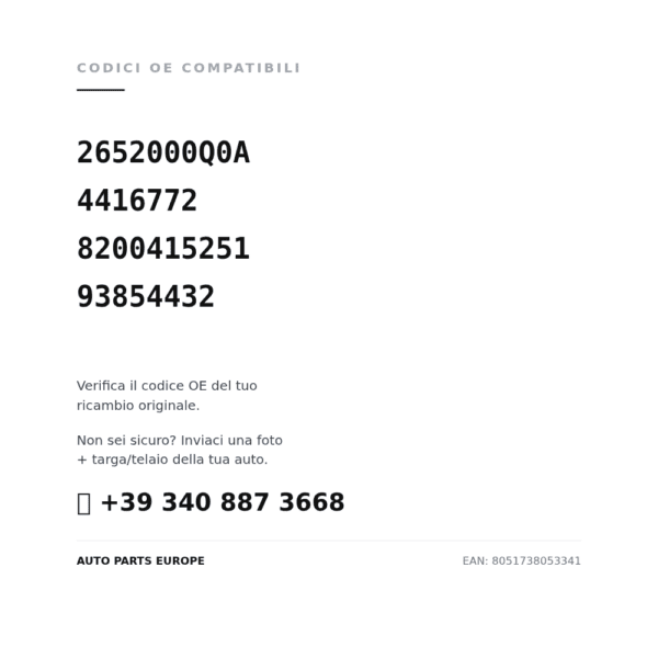 Kompatible OE-Nummern Rückleuchten Rechts Renault Trafic 2007-2013 – 4 Anschlüsse (2652000Q0A, 4416772, 8200415251, 93854432). Kundenservice WhatsApp +39 340 887 3668