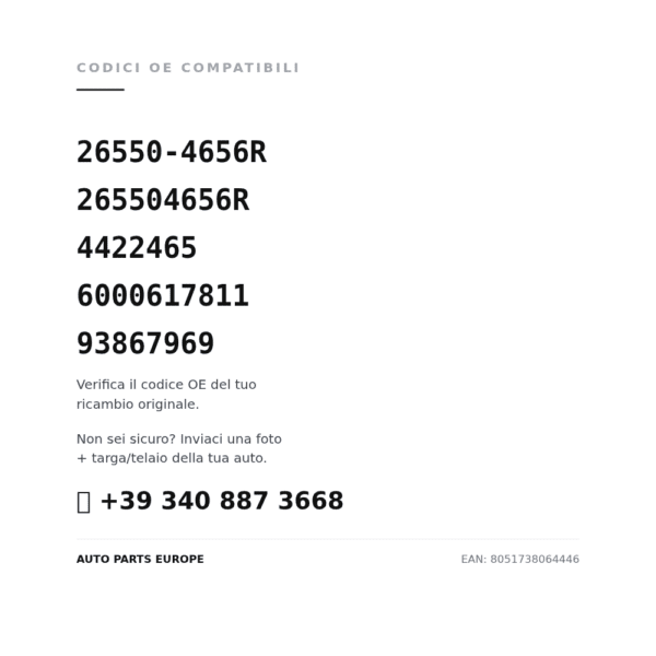 Codici OE compatibili Fanale Posteriore Destro Renault Trafic 2014+ (26550-4656R, 265504656R, 4422465, 6000617811, 93867969). Assistenza WhatsApp +39 340 887 3668