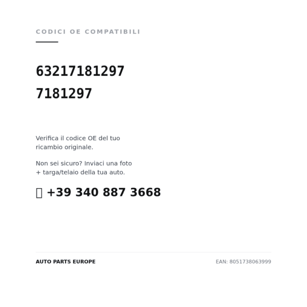 Codici OE compatibili Fanale Posteriore Sinistro BMW Serie 1 2007+ – A Led (63217181297, 7181297). Assistenza WhatsApp +39 340 887 3668