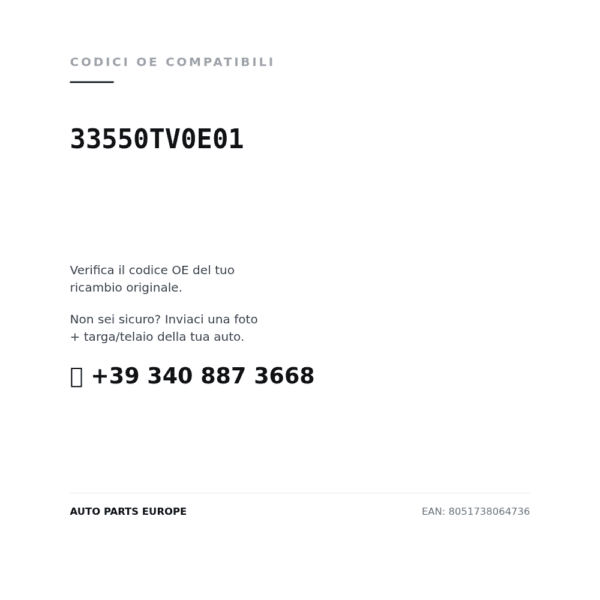 Kompatible OE-Nummern Rückleuchten Links Honda Civic 2012-2016 (33550TV0E01). Kundenservice WhatsApp +39 340 887 3668