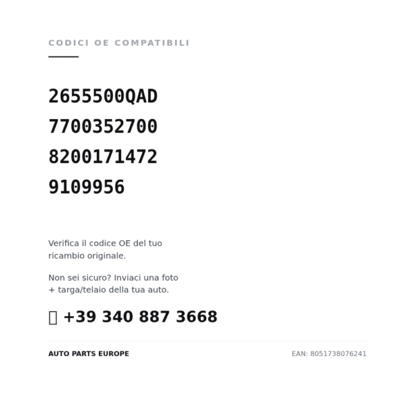 Kompatible OE-Nummern Rückleuchten Links Renault Master 2004 (2655500QAD, 7700352700, 8200171472, 9109956). Kundenservice WhatsApp +39 340 887 3668