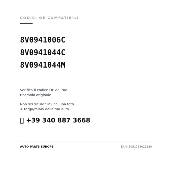 Kompatible OE-Nummern Faro Vorne Destro Audi A3 2012-2015 – 3/4/5 Porte Xenon Parabola Interna Grigia C/Motore A Led (8V0941006C, 8V0941044C, 8V0941044M). Kundenservice WhatsApp +39 340 887 3668