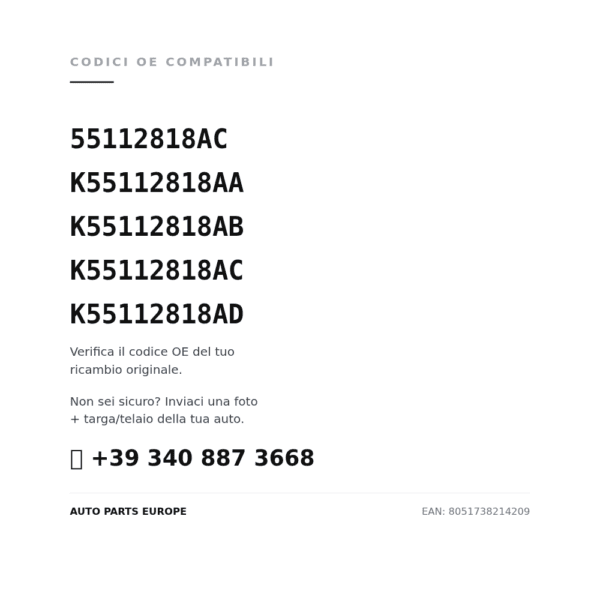 Codici OE compatibili Faro Anteriore Destro Jeep Compass 2017-2020 – C/Luce Diurna A Led C/Motore (55112818AC, K55112818AA, K55112818AB, K55112818AC, K55112818AD). Assistenza WhatsApp +39 340 887 3668