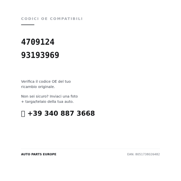 Codici OE compatibili Faro Anteriore Destro Opel Agila 2008+ (4709124, 93193969). Assistenza WhatsApp +39 340 887 3668