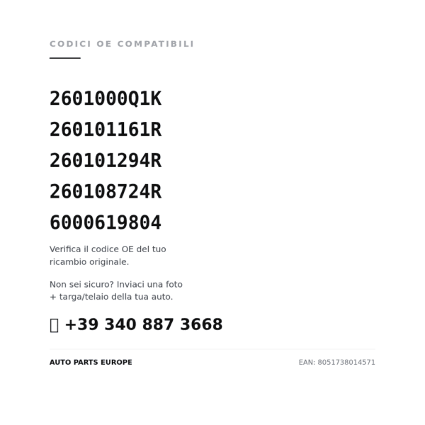 Codici OE compatibili Faro Anteriore Destro Renault Trafic 2014-2020 (2601000Q1K, 260101161R, 260101294R, 260108724R, 6000619804). Assistenza WhatsApp +39 340 887 3668