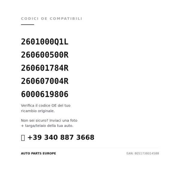 Codici OE compatibili Faro Anteriore Sinistro Renault Trafic 2014-2020 (2601000Q1L, 260600500R, 260601784R, 260607004R, 6000619806). Assistenza WhatsApp +39 340 887 3668