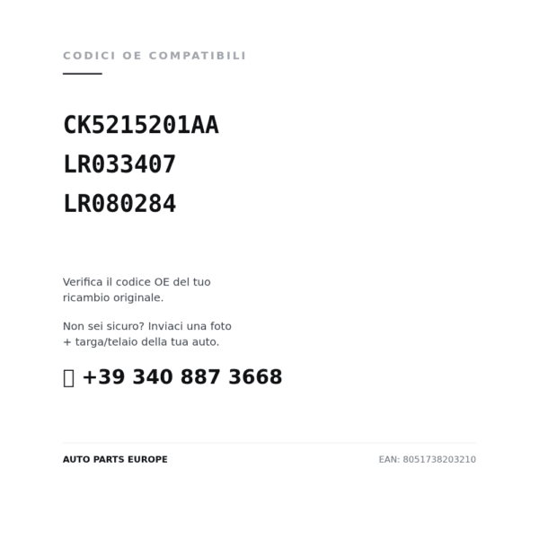 Codici OE compatibili Fendinebbia Sinistro Range Rover 2012+ (CK5215201AA, LR033407, LR080284). Assistenza WhatsApp +39 340 887 3668