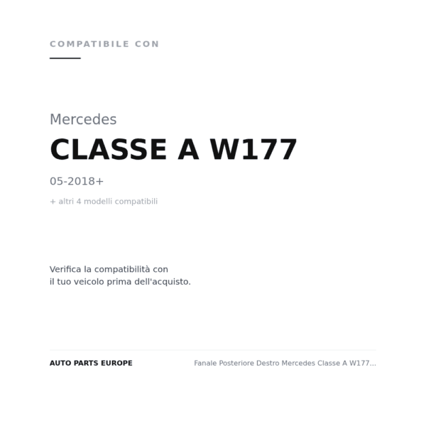 Fanale Posteriore Destro Mercedes Classe A W177 2018+ compatibilità veicoli (Mercedes CLASSE A W177 (2018+) · Mercedes CLASSE A W177 4 PORTE (2019+) · Mercedes CLASSE ML W166 (2011+) · Mercedes CLASSE S W222 (2013-2017) · Mercedes GLE COUPE' C292 (2015-2018))
