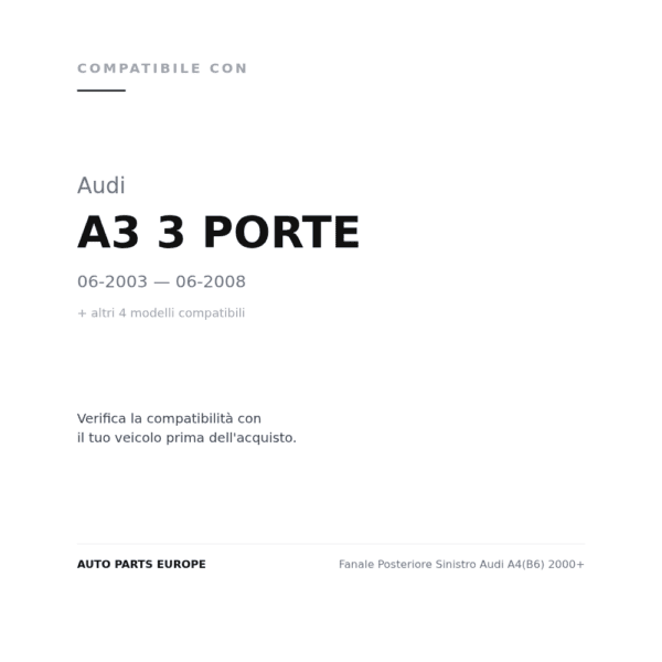 Luce Targa Sinistra Audi A4(B6) 2000+ compatibilità veicoli (Audi A3 3 PORTE (2003-2008) · Audi A3 3 PORTE (2008-2012) · Audi A3 SPORT BACK 5 PORTE (2008-2012) · Audi A3 SPORT BACK 5 PORTE (2004-2008) · Audi A4 (2004-2007))