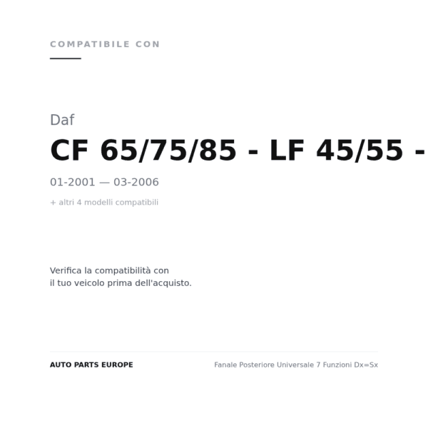 Fanale Posteriore Universale 7 Funzioni Dx=Sx compatibilità veicoli (Daf CF 65/75/85 - LF 45/55 - XF 95/105 (2001-2006) · Iveco DAILY (1989-1999) · Iveco EUROCARGO (1991-2003) · Iveco STRALIS (2002+) · Man TG-A (2000+))