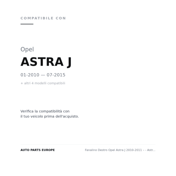 Fanalino Destro Opel Astra J 2010-2011 – - Astra K 2015 - Grandland X 2017 - Zafira 2011 Crystal Fume' compatibilità veicoli (Opel ASTRA J (2010-2015) · Opel ASTRA J SEDAN 4 PORTE (2012+) · Opel ASTRA K (2015-2021) · Opel CROSSLAND X (2017-2020) · Opel CROSSLAND X (2020+))