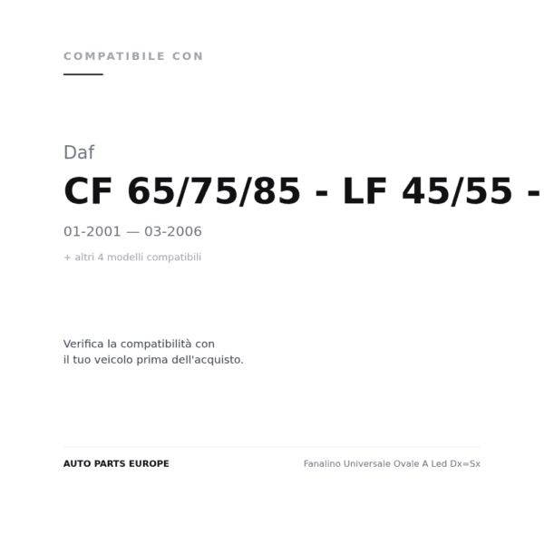 Fanalino Universale Ovale A Led Dx=Sx compatibilità veicoli (Daf CF 65/75/85 - LF 45/55 - XF 95/105 (2001-2006) · Daf CF85 - XF105 (2009+) · Daf F 95 (1987-1995) · Daf F65 - F75 - F85 (1992-2000) · Daf LF (2014+))