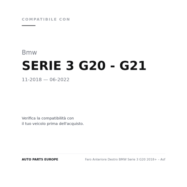 Faro Anteriore Destro BMW Serie 3 G20 2018+ – Asf compatibilità veicoli (Bmw SERIE 3 G20 - G21 (2018-2022))