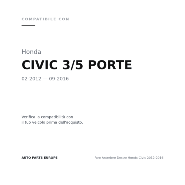 Faro Anteriore Destro Honda Civic 2012-2016 compatibilità veicoli (Honda CIVIC 3/5 PORTE (2012-2016))