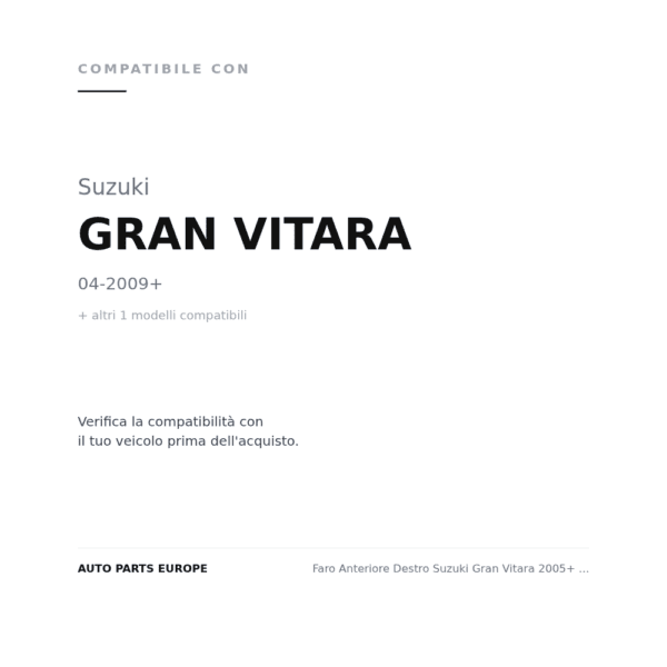 Faro Anteriore Destro Suzuki Gran Vitara 2005+ – 5 Porte compatibilità veicoli (Suzuki GRAN VITARA (2009+) · Suzuki GRAN VITARA (2005-2009))