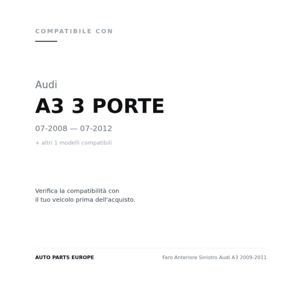 Faro Anteriore Sinistro Audi A3 2009-2011 compatibilità veicoli (Audi A3 3 PORTE (2008-2012) · Audi A3 SPORT BACK 5 PORTE (2008-2012))