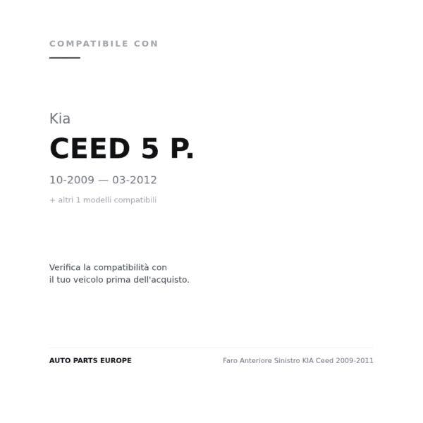 Faro Anteriore Sinistro KIA Ceed 2009-2011 compatibilità veicoli (Kia CEED 5 P. (2009-2012) · Kia PRO CEED 3P. (2011+))