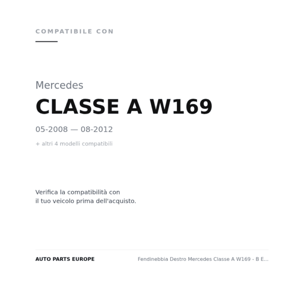 Fendinebbia Destro Mercedes Classe A W169 - B E245 - Ml 2004+ compatibilità veicoli (Mercedes CLASSE A W169 (2008-2012) · Mercedes CLASSE A W169 (2004-2008) · Mercedes CLASSE B W245 (2005-2008) · Mercedes CLASSE B W245 (2008-2011) · Mercedes CLASSE C W204 (2011-2013))