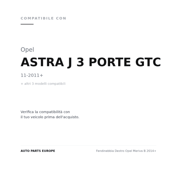Fendinebbia Destro Opel Meriva B 2014+ compatibilità veicoli (Opel ASTRA J 3 PORTE GTC (2011+) · Opel CROSSLAND X (2017-2020) · Opel INSIGNIA (2013-2016) · Opel MERIVA (2014+))