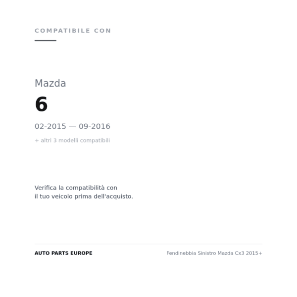 Fendinebbia Sinistro Mazda Cx3 2015+ compatibilità veicoli (Mazda 6 (2015-2016) · Mazda 6 (2016-2018) · Mazda CX 3 (2015-2018) · Mazda CX 5 (2015+))