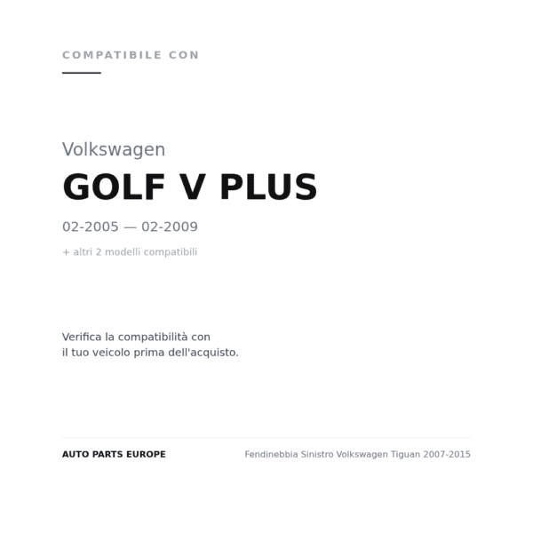 Fendinebbia Sinistro Volkswagen Tiguan 2007-2015 compatibilità veicoli (Volkswagen GOLF V PLUS (2005-2009) · Volkswagen TIGUAN (2007-2011) · Volkswagen TOURAN (2006-2010))