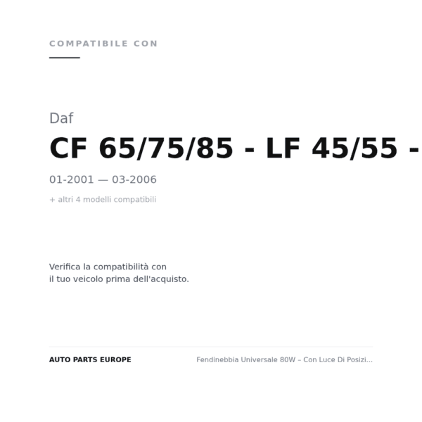 Fendinebbia Universale 80W – Con Luce Di Posizione+Lampeggio A Led 24V compatibilità veicoli (Daf CF 65/75/85 - LF 45/55 - XF 95/105 (2001-2006) · Daf CF85 - XF105 (2009+) · Daf F 95 (1987-1995) · Daf F65 - F75 - F85 (1992-2000) · Daf LF (2014+))