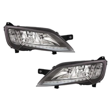 Coppia Fari Anteriori Destro + Sinistro Peugeot Boxer 14' – Fiat Ducato 14' Parabola Cromata Con Cornice Nera Luce Diurna Led Con Motore