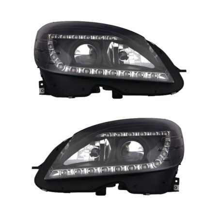 Coppia Fari Anteriori Mercedes Classe C W204 2006 Parabola Nera Diurna LED - H7 con Motore – Sostituzione Fari Alogeni