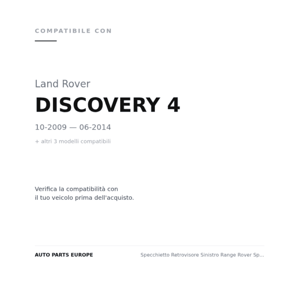 Specchietto Retrovisore Sinistro Range Rover Sport 2005+ / Land Rover Discovery 2009>- Freelander 2 2010+ – Verniciabile compatibilità veicoli (Land Rover DISCOVERY 4 (2009-2014) · Land Rover FREELANDER 2 (2010+) · Land Rover RANGE SPORT (2005-2009) · Land Rover RANGE SPORT (2009-2012))