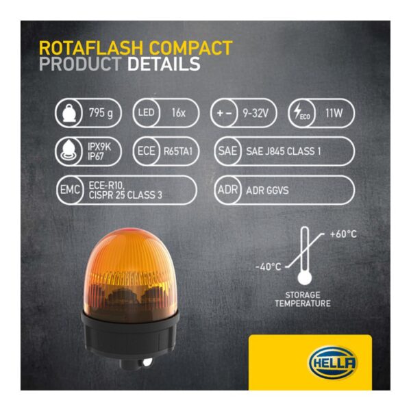 Girofaro LED 12/24V – Montaggio a palo/tubo – HELLA RotaFlash Compact LED – foto 3