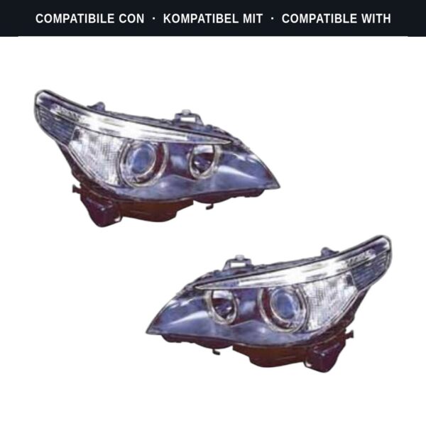 Compatibile con: Coppia Fari Anteriori Destro + Sinistro BMW Serie 5 2003+ – Modello E60 Bixeno Con Luce Diurna A Led Con Motore Parabola Nera
