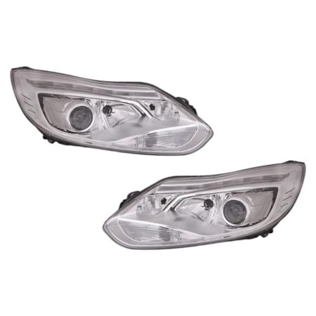 Coppia Fari Anteriori Destro + Sinistro Ford Focus 2011-2013 - Parabola Cromata – Xenon Parabola Cromata Con Motore D3S-H7-H1-Py21W Con Luce Diurna A Led