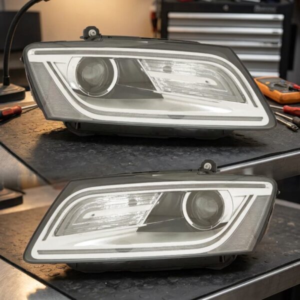Coppia Fari Anteriori Audi Q5 2012 Con Lenticolare Parabola Cromata Diurna LED - H7 con Motore – Sostituzione Fari Alogeni sul banco officina