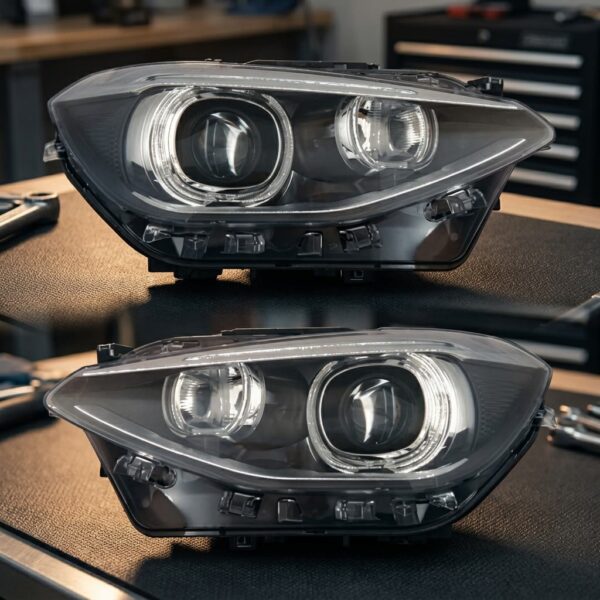 Coppia Fari Anteriori BMW Serie 1 F20 5 Porte - F21 3 Porte 2012 Parabola Nera Diurna LED con Motore sul banco officina