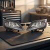 Coppia Fari Anteriori Destro + Sinistro Peugeot Boxer 14' – - Fiat Ducato 14' Parabola Cromata Con Cornice Nera Luce Diurna Led Con Motore sul banco officina