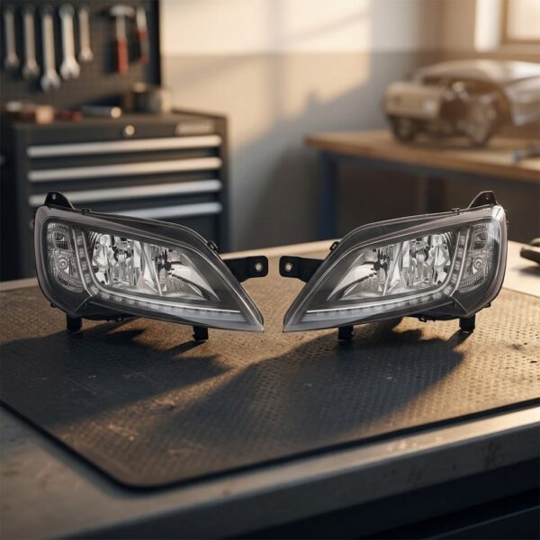 Coppia Fari Anteriori Destro + Sinistro Peugeot Boxer 14' – - Fiat Ducato 14' Parabola Cromata Con Cornice Nera Luce Diurna Led Con Motore sul banco officina
