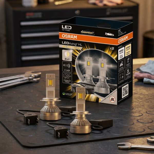 Coppia lampadine LED H7 OSRAM LEDriving ALLSEASON – doppia luce bianca e gialla 3000K/6000K sul banco officina