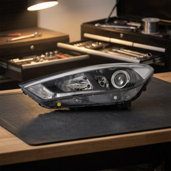 Faro Anteriore Destro Hyundai Tucson 2015-2017 – C/Motore C/Luce Diurna A Led Parabola Nera sul banco officina