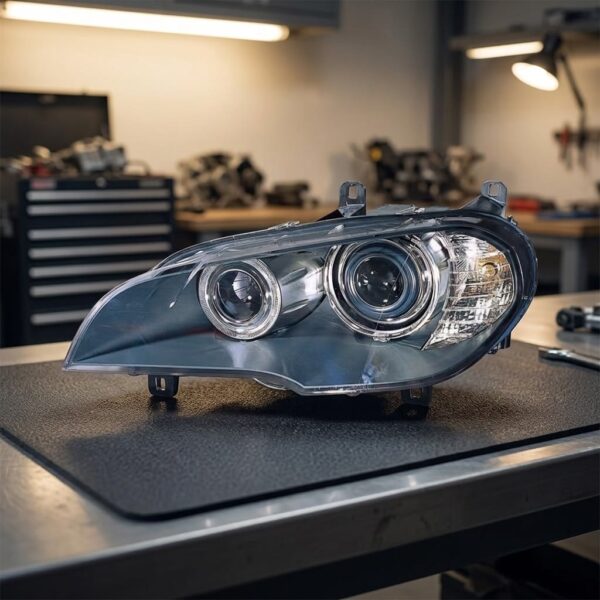 Faro Anteriore Sinistro BMW X5 E70 2006-2009 – Xenon Tecnologia Celis C/Motore Parabola Nera sul banco officina