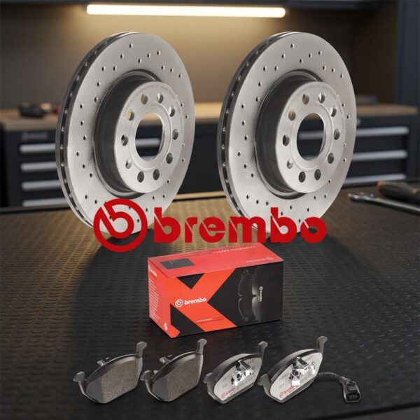 Set Dischi Forati e Pastiglie Brembo XTRA per VW Golf 6 sul banco officina