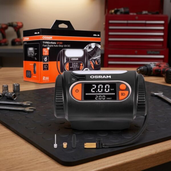 TYREinflate Compressore aria portatile Osram OTI2130 con cavo di alimentazione lungo 3,5mt sul banco officina