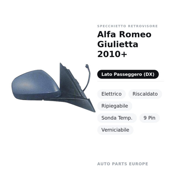 Außenspiegel Rechts Alfa Romeo Giulietta 2010+ – Elektrisch, Beheizt, Klappbar, Temperatursensor, 9-polig, Lackierbar – Bild