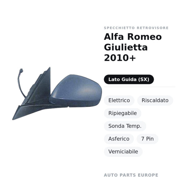 Specchietto Retrovisore Sinistro Alfa Romeo Giulietta 2010+ – Elettrico, Riscaldato, Ripiegabile, Sonda Temp., Asferico, 7
