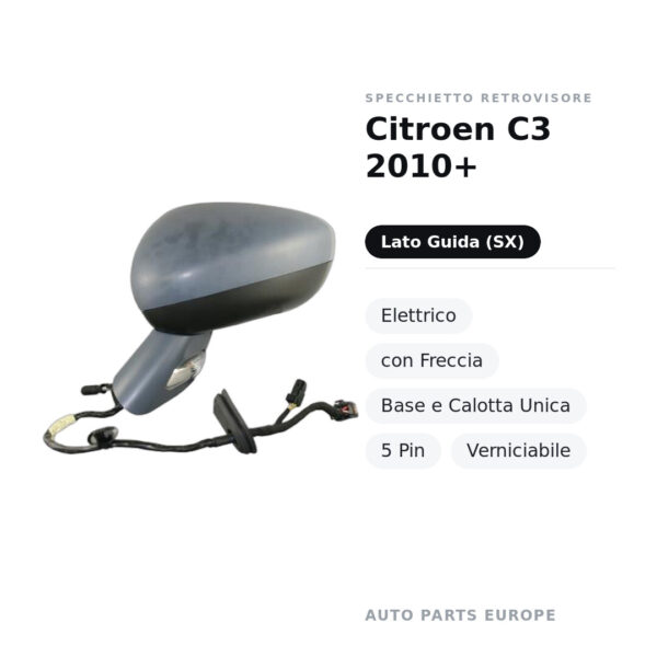 Außenspiegel Links Citroen C3 2010+ – Elektrisch, mit Blinker, Basis und einteiliger Kappe, 5-polig, lackierbar – Bild 2