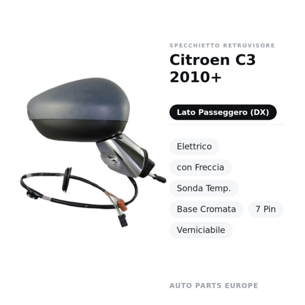 Specchietto Retrovisore Destro Citroen C3 2010+ – Elettrico, con Freccia, Sonda Temp., Base Cromata, 7 Pin, Verniciabile