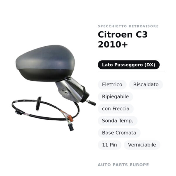 Specchietto Retrovisore Destro Citroen C3 2010+ – Elettrico, Riscaldato, Ripiegabile, con Freccia, Sonda Temp., Base